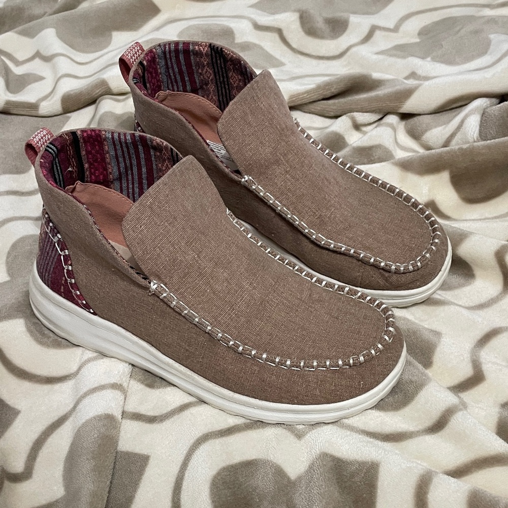 Hey Dude Brown Canvas Slip-On Loafers with Patterned Heel